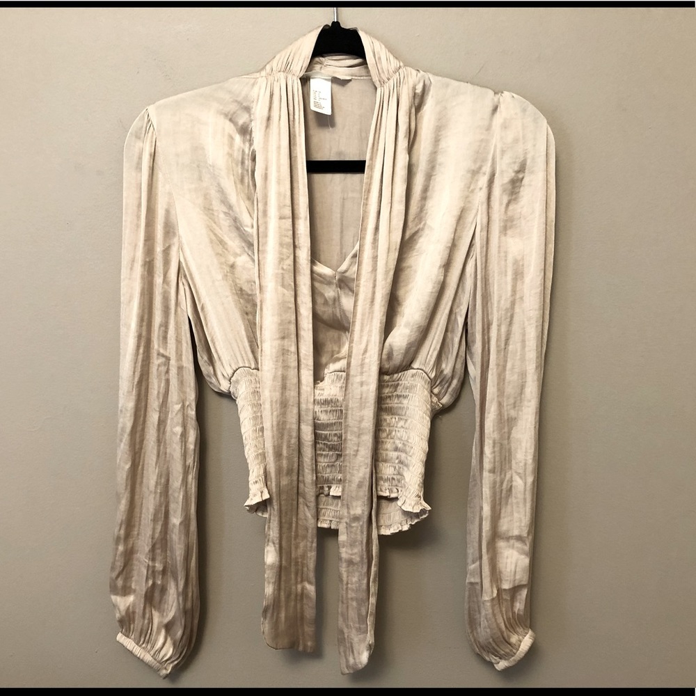 H&M champagne satin front neck tie blouse
